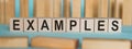 EXAMPLES word written on wooden blocks on light blue background