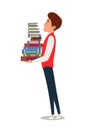 Exams preparation flat vector illustration. Smart college, university student carrying textbooks cartoon character