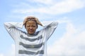 Exasperated bald female holding head