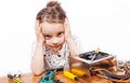 Exasperated girl while repairing PC components