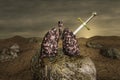 Excalibur in disease lung on stone at sunset day. No smoking day world,31 May or quitting smoking or smoking cessation concept. 3D