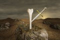 Excalibur in a human thigh bone on stone at sunset day. Strong bones and healthy human bone or Osteoporosis world day or