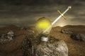 Excalibur in a light bulb on stone at sunset day Royalty Free Stock Photo