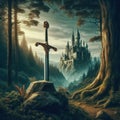 Excalibur. The mythical sword in the stone. Camelot castle on background
