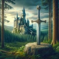 Excalibur. The mythical sword in the stone. Camelot castle on background Royalty Free Stock Photo
