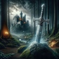 Excalibur. The mythical sword in the stone. Camelot castle on background Royalty Free Stock Photo