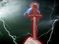 Excalibur, the mythical sword in the stone of King Arthur in a lightning storm background