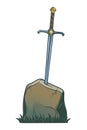 Excalibur Sword trapped in stone. Iconic scene from the Medieval European stories about King Arthur.