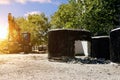 Excavated trench on the road in the city for the reconstruction of the water supply Royalty Free Stock Photo