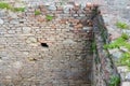 Excavation ancient Roman brick wall corner overgrown