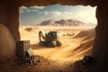 excavation site, with view of towering desert sand dunes in the distance Royalty Free Stock Photo