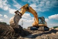 Excavator in action, reshaping earth at construction site