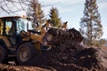 The excavator backfills the pit with the front bucket and moves soil around the construction site. Close-up. Heavy