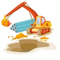 Excavator on the background of iron pipes digs a large hole, cartoon illustration, isolated object on white background, vector