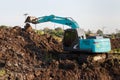 excavator backhoe working in the digging a soil to adjust the postharvest areas in the rice fields. agriculture machinery for