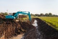 excavator backhoe working in the digging a soil to adjust the postharvest areas in the rice fields. agriculture machinery for