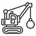 Excavator with ball to destroy buildings line icon, heavy equipment concept, crane with wrecking ball sign on white