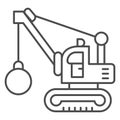 Excavator with ball to destroy buildings thin line icon, heavy equipment concept, crane with wrecking ball sign on white