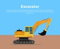 Excavator Banner Flat Design Vector Illustration