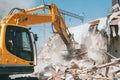 Excavator bucket breaks old house. Building demolishing for renovation