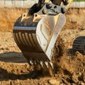 An excavator bucket, constructed of sturdy metal, is actively digging into the earth.