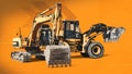 Excavator and bulldozer loader with raised bucket close-up on orange industrial background. Construction equipment for earthworks Royalty Free Stock Photo