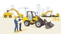 Excavator with bulldozer loading, illustration