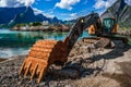 Excavator, bulldozer repair work on the road. Norway