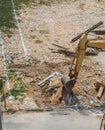 Excavator, bulldozer Top view in work demolition construction Image vertical