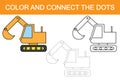 Excavator cartoon. Educational game for children. Color and connect the dots.