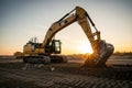 An excavator by Caterpillar (CAT) is working at a construction site during sunset generATIVE AI Royalty Free Stock Photo