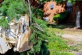 Excavator clearing land from roots and branches trees with dirt and trash yard work Royalty Free Stock Photo