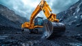 Excavator at coal mine under cloudy sky - generative ai Royalty Free Stock Photo
