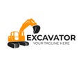 Excavator, construction and industrial machinery, transport and construction, logo template. Backhoe, digger and crawler excavator Royalty Free Stock Photo