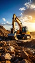 Excavator at Construction Site Backlit by the Setting Sun Heavy Machinery Earthmoving Equipment Landscape Royalty Free Stock Photo
