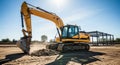 Excavator on Construction Site Digging, Metal Frame Building in the Background Royalty Free Stock Photo
