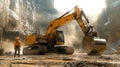 Excavator at construction site with worker observing operation. ai generative Royalty Free Stock Photo