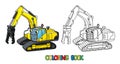 Funny small excavator with eyes. Coloring book