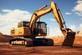 Excavator in the desert. 3D render. Construction equipment