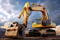 Excavator in the desert. 3D render. Construction equipment