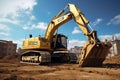 Excavator in the desert. 3D render. Construction equipment