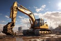 Excavator in the desert. 3D render. Construction equipment