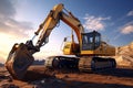 Excavator in the desert. 3D render. Construction equipment