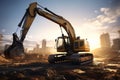 Excavator in the desert. 3D render. Construction equipment