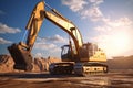 Excavator in the desert. 3D render. Construction equipment