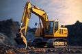 Excavator in the desert. 3D render. Construction equipment