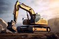 Excavator in the desert. 3D render. Construction equipment