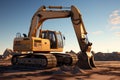 Excavator in the desert. 3D render. Construction equipment