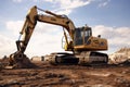 Excavator in the desert. 3D render. Construction equipment