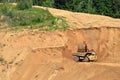 Excavator developing the sand on the opencast and loading it to the heavy dump truck.